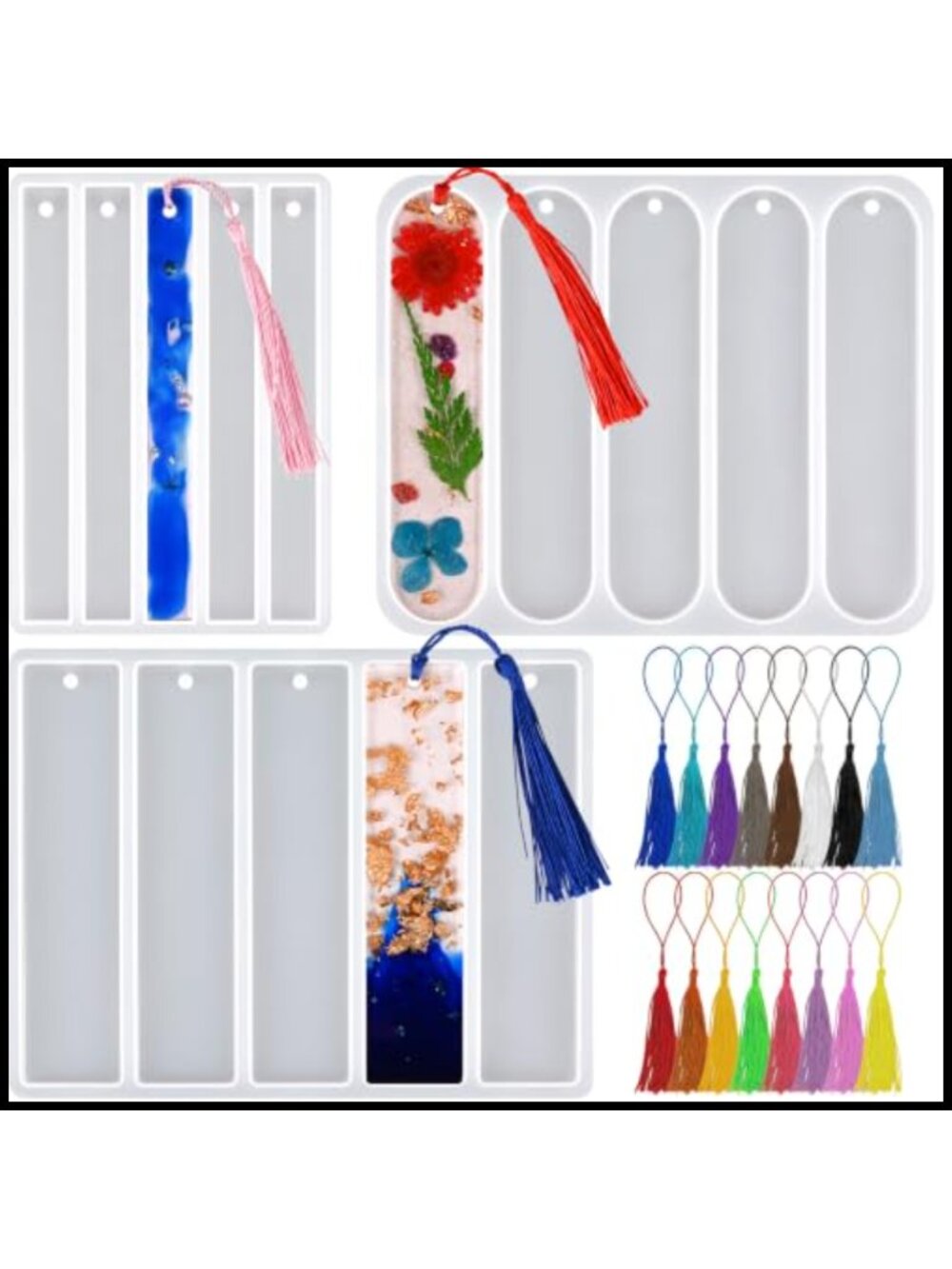 Silicone Bookmark Resin Mold Set with Tassels 3 Rectangular Molds Casting Crafts
